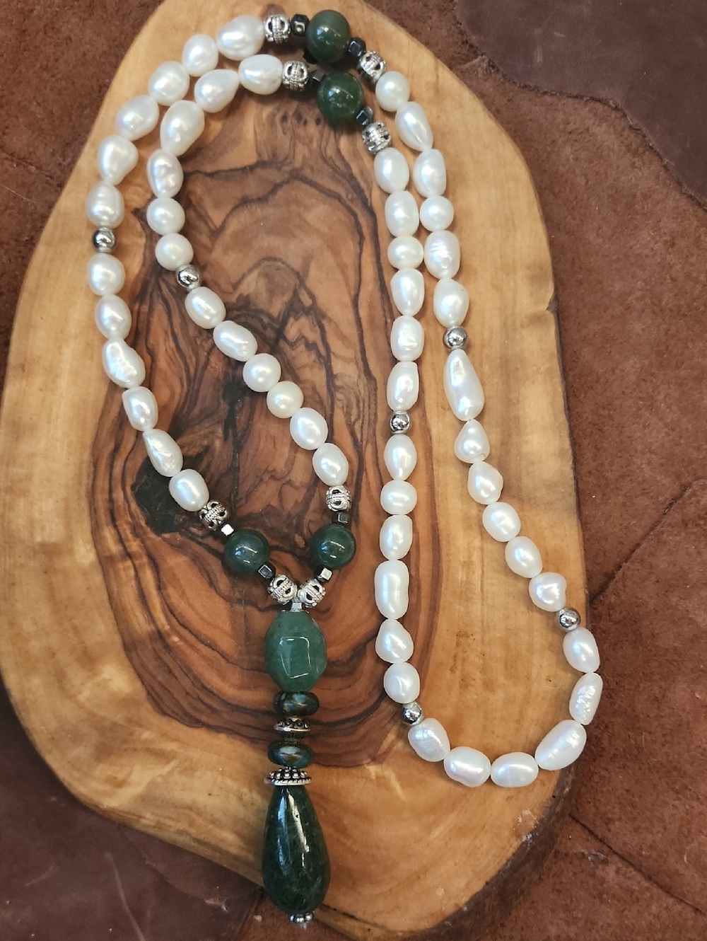 Freshwater Pearl and Moss Agate Stone Pendant Necklace